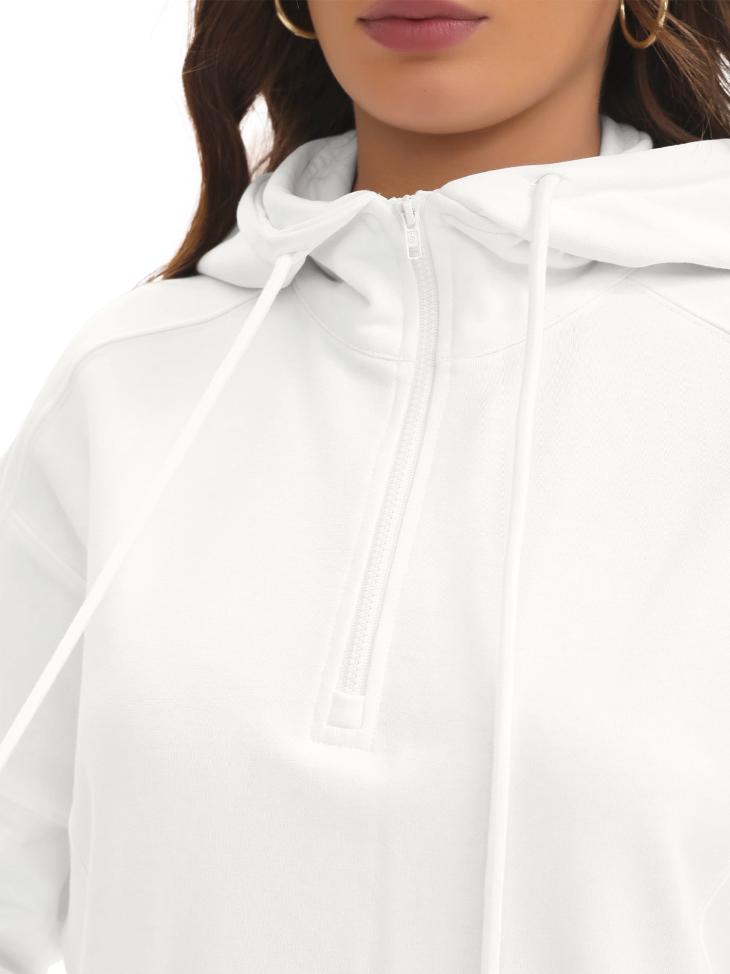 DARING DIVA Women's Stylish Cropped Half Zip Hoodie with Trendy Side Slits L White