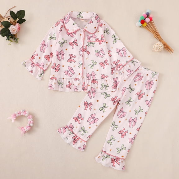 Huowey Kids Girls Toddler Casual Spring Outfits Stylish Long Sleeved Cute Bows Print Button Down Ruffles Trim Blouse Tops Trousers 2 Piece Set Sleep Wear Cozy Home Dailywear,Light Pink,18-24 Months