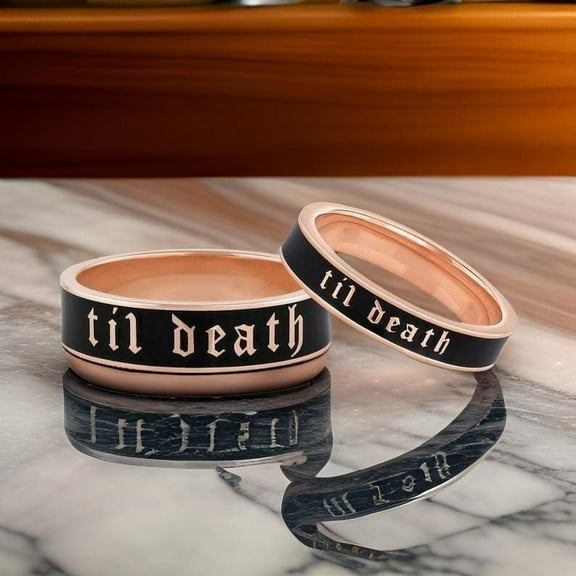 4mm Til Death Rose Gold Black Enamel Band Ring, Til Death Band Ring, Personalized Ring,Gift For Men,promise Ring, Wedding Gift For Him