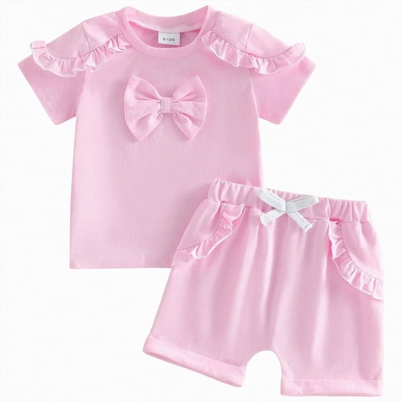 mgoYE Baby Girl Clothes 3-6 Months Toddler Baby Girl Short Sleeve T-Shirt and Shorts Set Ruffle Solid Color Clothes Summer 2PCS Outfit(Red,12-18 Months)