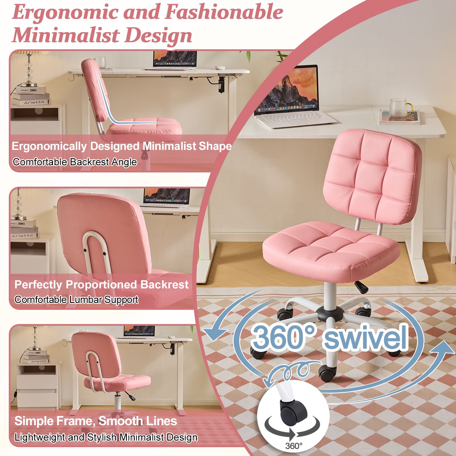 Ktaxon Armless Office Chair with Star Base PU Swivel Task Chair with 9-Grid Design for Study Room or Dressing Area Pink