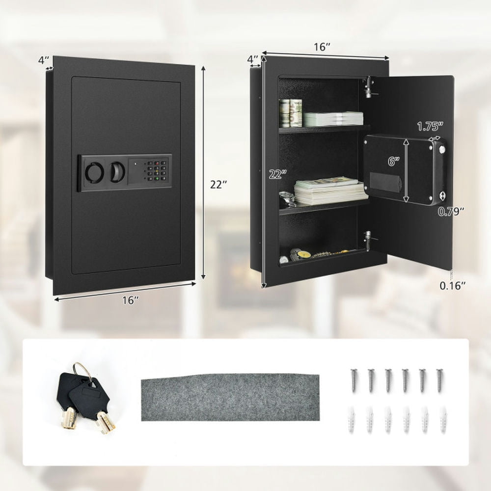 Resenkos Digital Flat Recessed Wall Safe Security Lock Gun Cash Box-Black