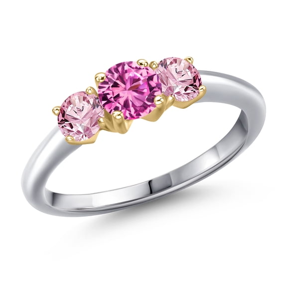 Gem Stone King 10K Two Tone Gold Pink Created Sapphire and Pink Lab Grown Diamond Engagement Ring for Women | 1.05 Cttw | Round 5MM | Gemstone September Birthstone | Size 7
