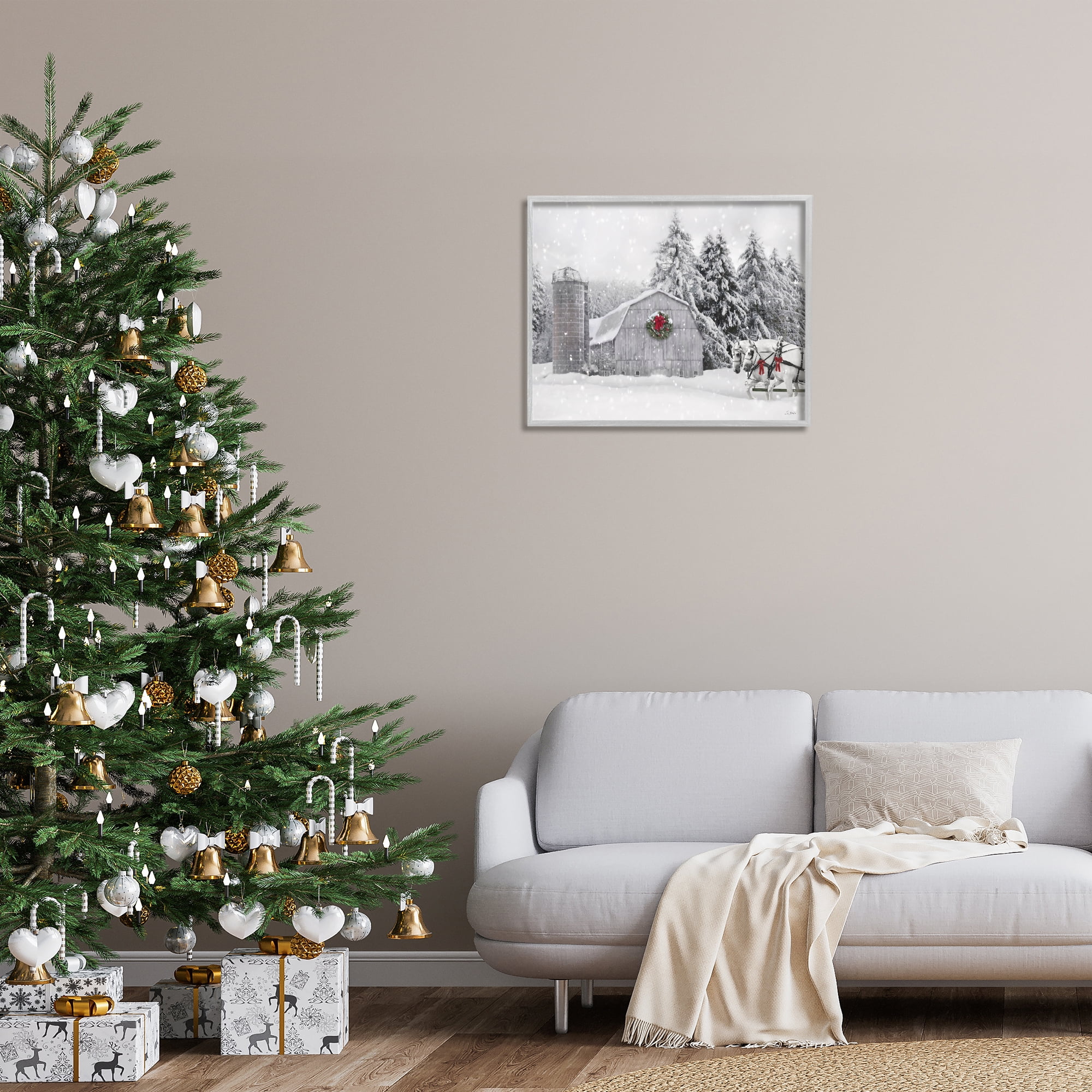 Stupell Industries Snowy Barn & Horses Holiday Painting Gray Framed Art Prints Wall Art, 30 x 24