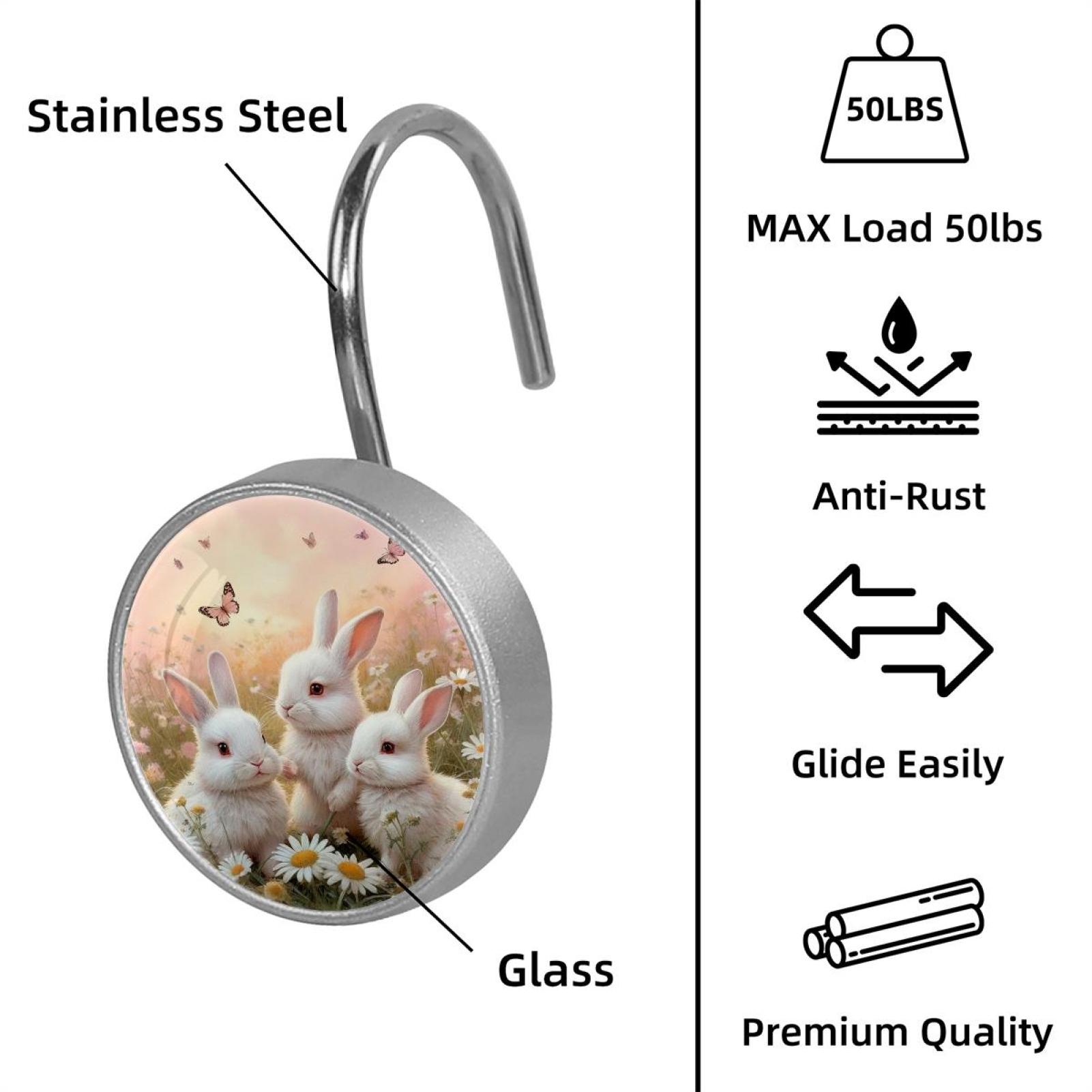 Imobaby 12 Pcs Metal Shower Curtain Hooks Rust Proof for Shower Curtain Liner - Little Rabbit Basking in the Sun
