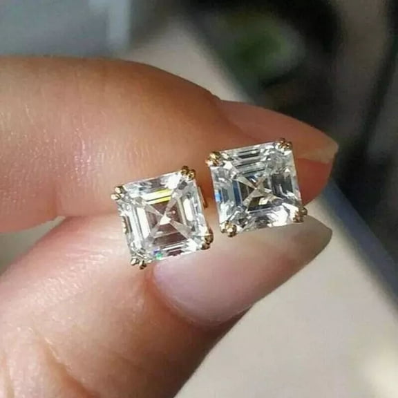 4TCW Asscher Cut Lab Created Diamond Solitaire Stud Earrings 14K Yellow Gold Plated