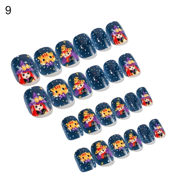 Farfi 24 unids/set estilo Halloween uñas niños punta usable colorido niños cubierta completa prensa en uñas postizas autoadhesivas para regalo