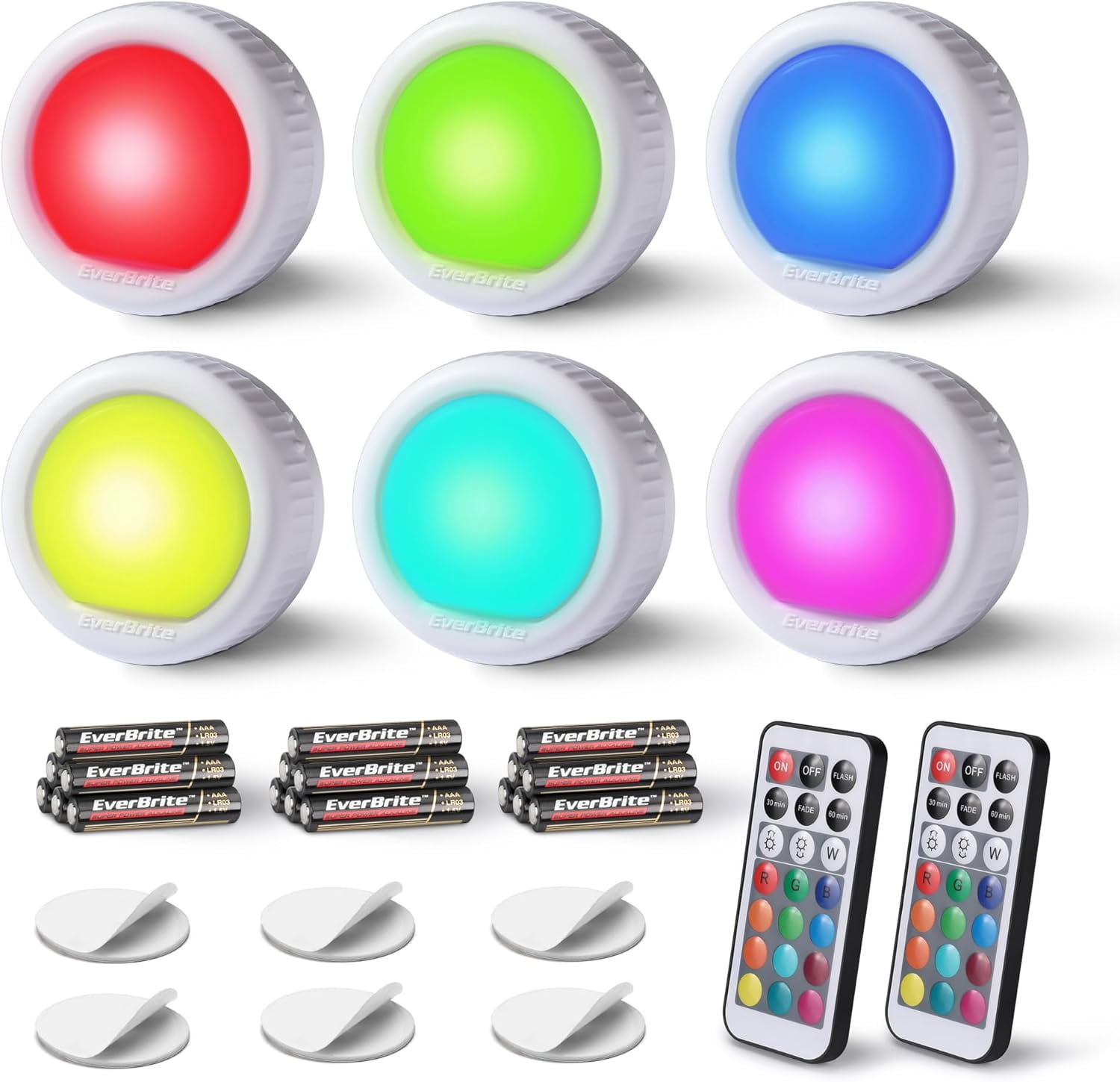 RGHJAR-Tap Light, Push Light, LED Puck Lights with 12 RGB Colors, Wireless Touch Light Under Cabinet, 80 Lumens Night Light for Closet, Bedroom, Wall, Classroom, 18 AAA Batteries Included, 6-Pack