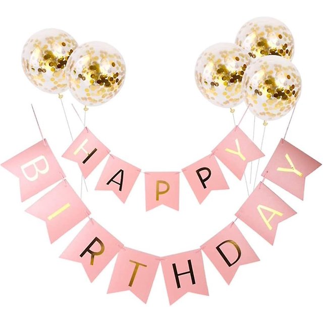 Banner de cumpleaños, feliz cumpleaños, banner y 5 unidades, globos de confeti, feliz cumpleaños, globo de helio, decoración de fiesta de cumpleaños Afortunado Sencillez
