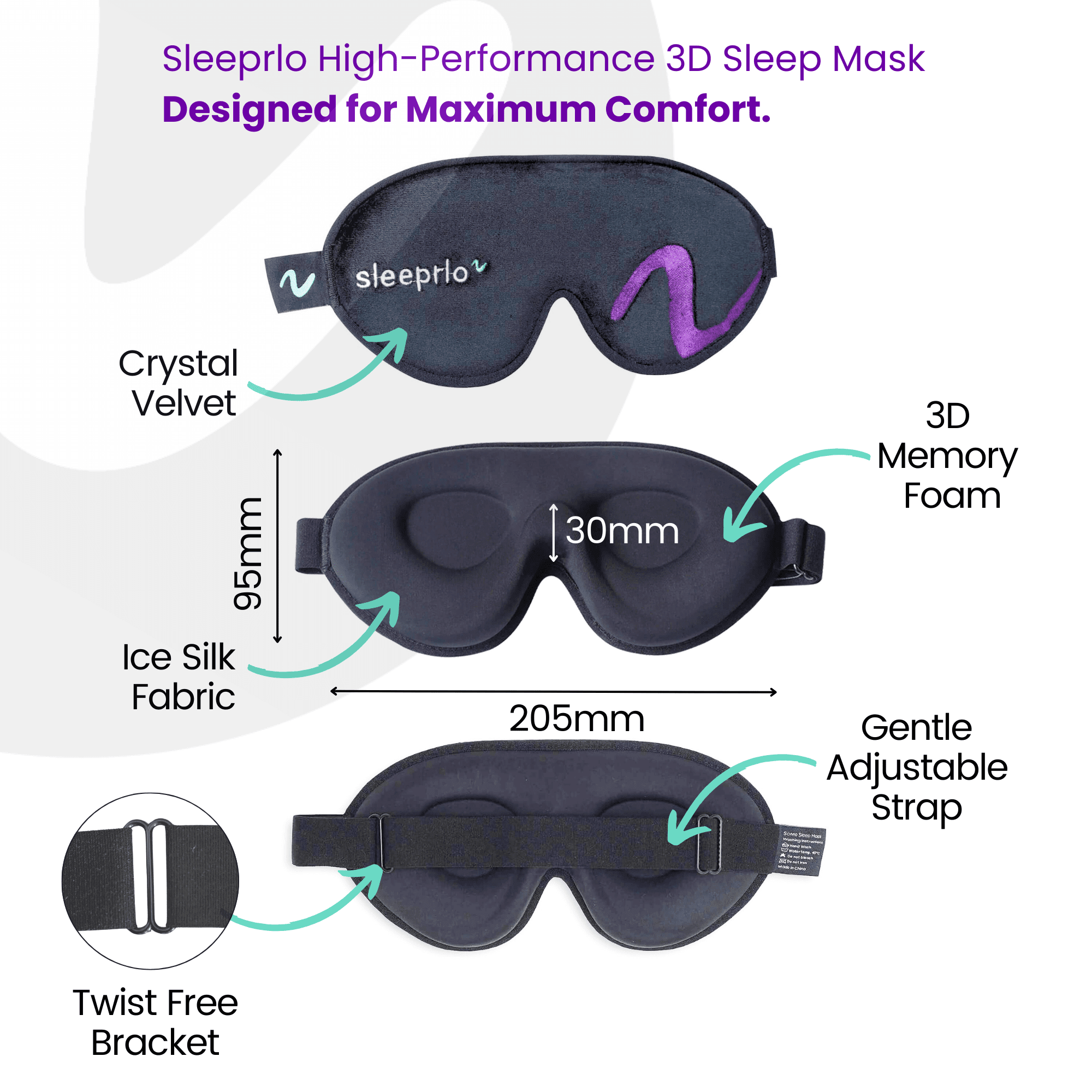 Sleeprlo High-Performance 3D Sleep Mask, 100% Blackout, Memory Foam, Adjustable & Secure Fit, Black