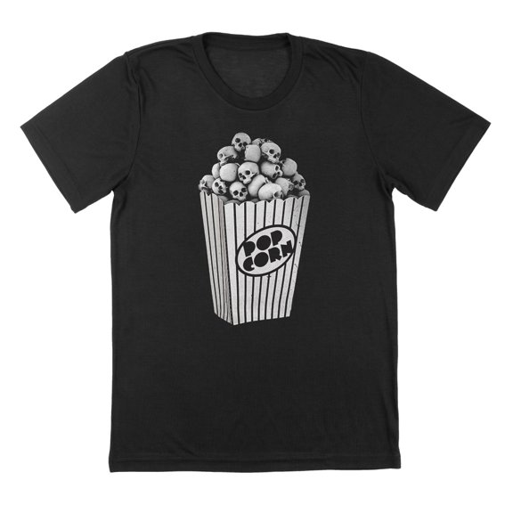 Skull Popcorn Humor Graphic Black Mens T-Shirt