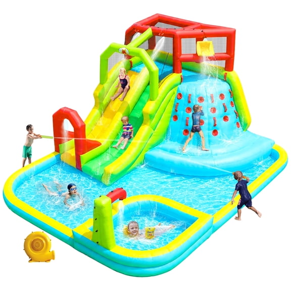 WELLFUNTIME Inflatable Water Slide Bounce House for Kids, Water Park with Blower, Deep Splashing Pools, Water Bucket for Backyard, 191 x 157.5 x 100 in
