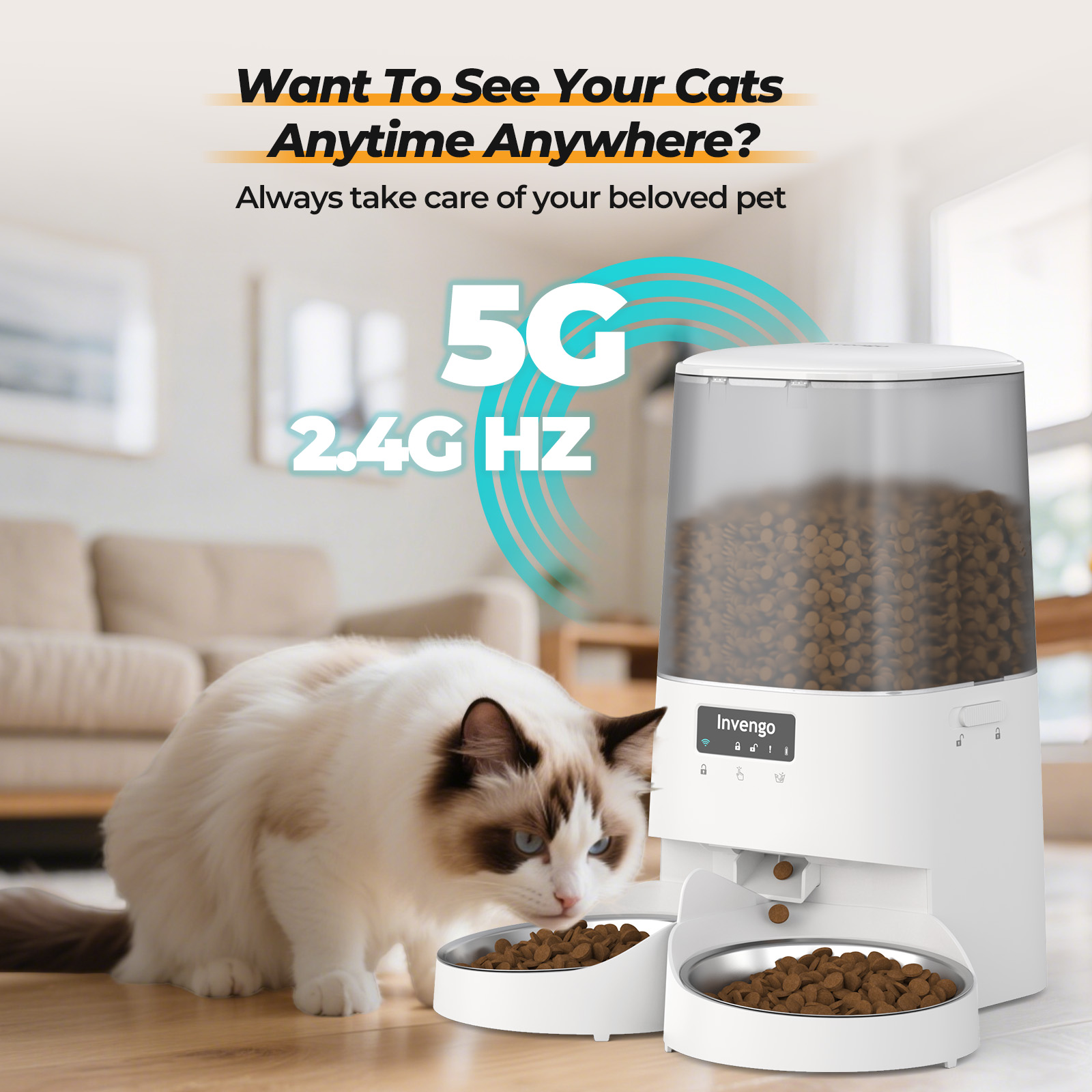 Automatic Cat Feeder, 5L Smart Dry Food Dispenser with 5G/2.4G WiFi App Control, Programmable Portions, Dual Stainless Steel Bowls, Ideal for Multi-Pet Households, White