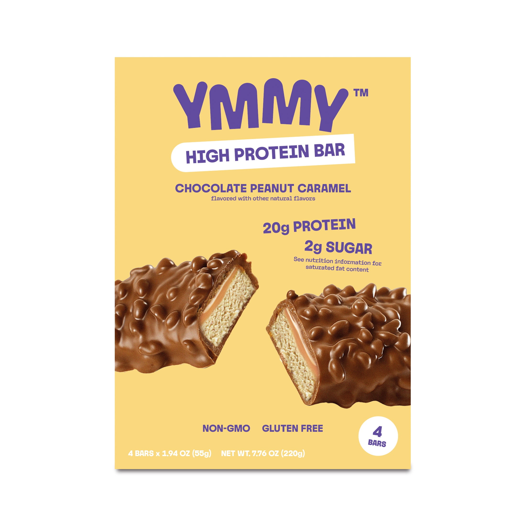 YMMY Chocolate Peanut Caramel High Protein Bar, Gluten-Free, 1.94 oz, 4 Pack