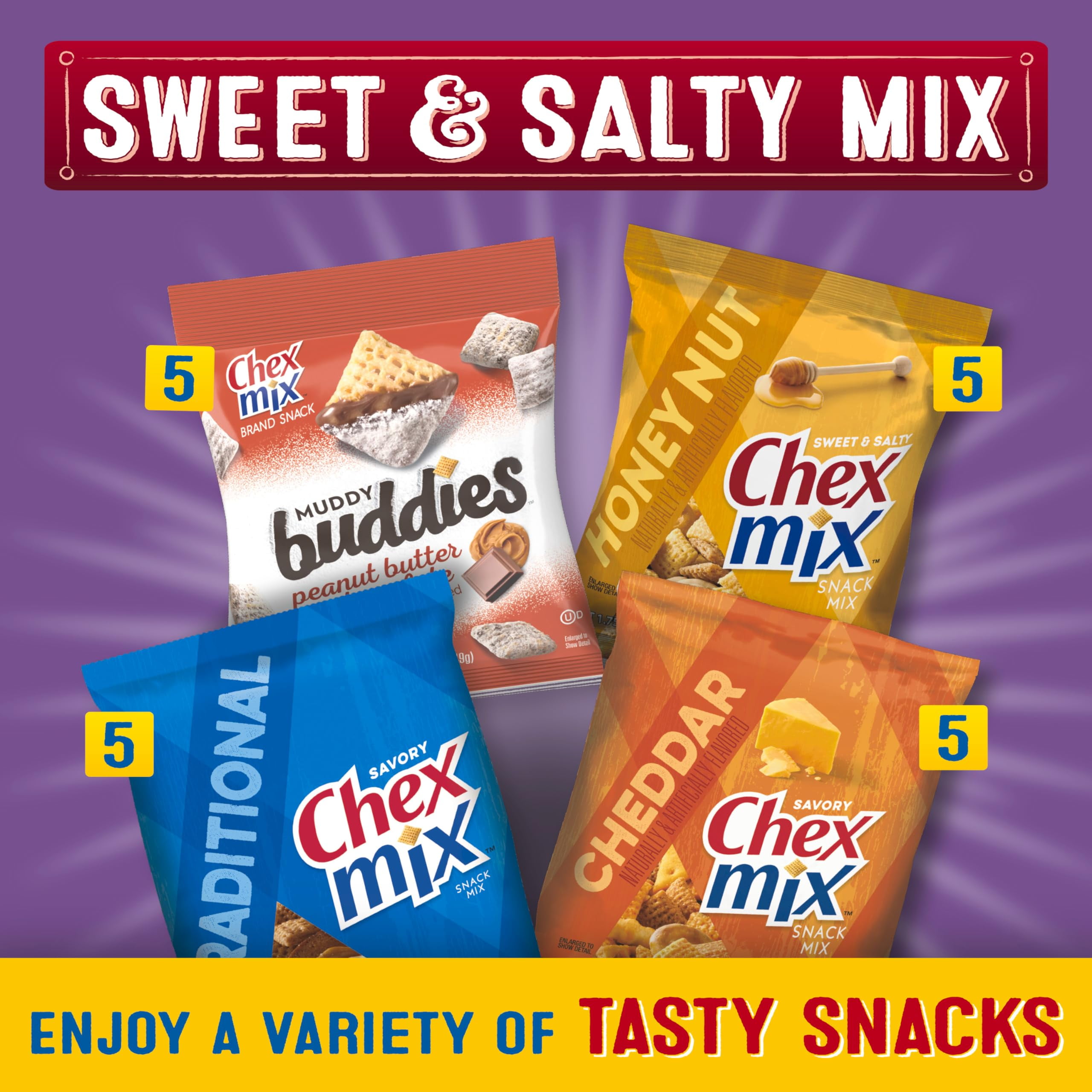 Sweet & Salty Snack JMS2&nbsp;Variety Pack, Muddy Buddies Peanut Butter & Chocolate, Chex Mix Traditional, Cheddar & Honey Nut, 35 oz (20 Bags)