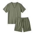 thumbnail image 4 of BLTIBY Mens Summer Linen 2 Piece Outfits V Neck Short Sleeve T-Shirts and Drawstring Shorts Casual Loose Beach Loungewear with Pockets Army Green S, 4 of 9