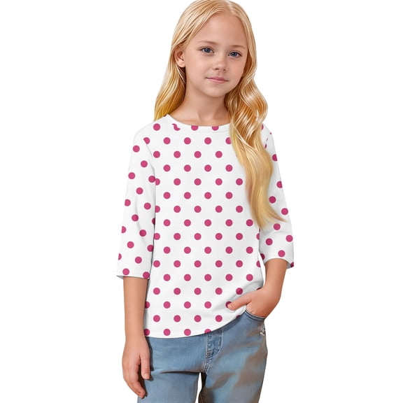 T-Shirts for Girls Ages 4-12 Fashion 3/4 Sleeve Round Neck Spring Casual Tops Red 160