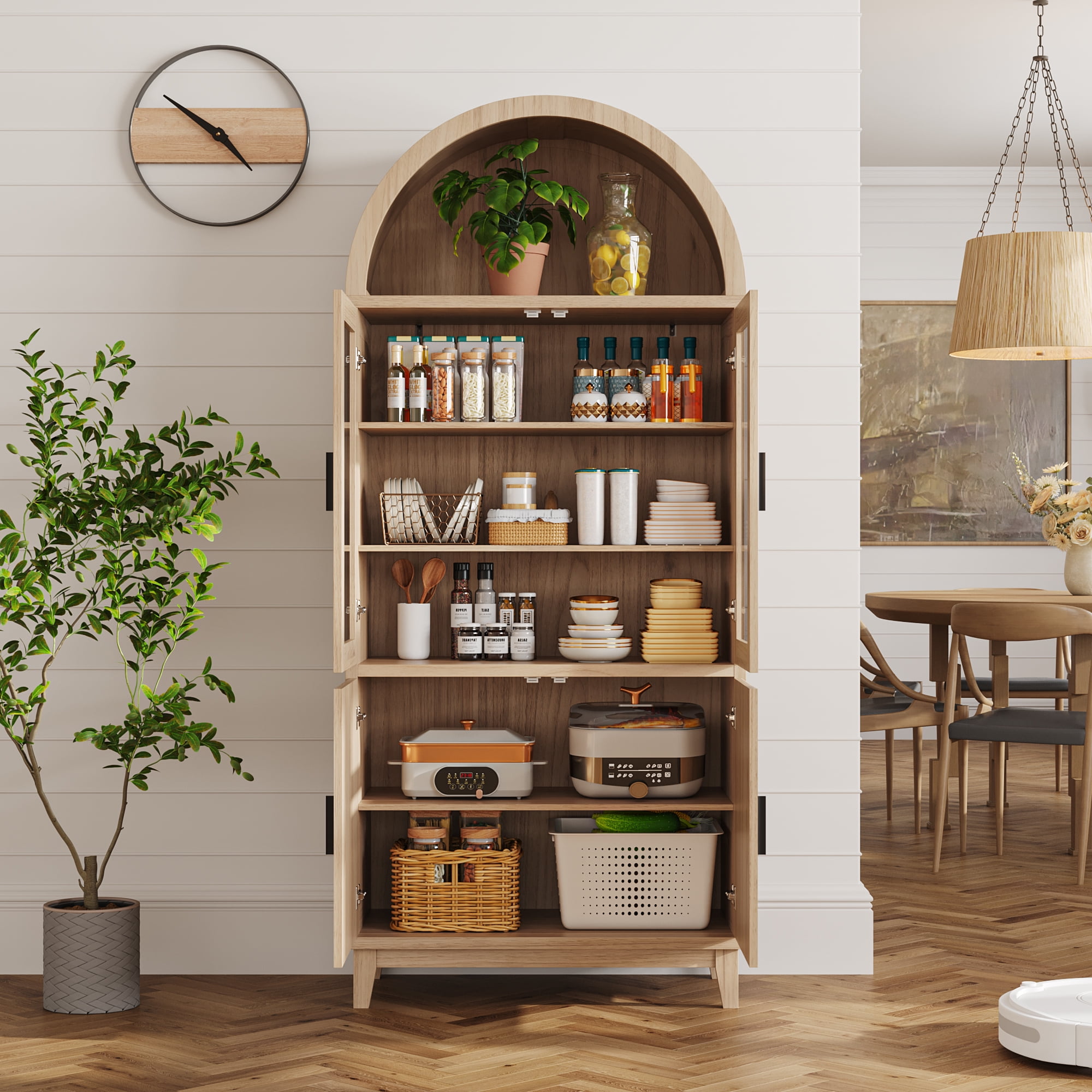 VEANERWOOD 71" Tall Arch Cabinet, Wood Fluted Kitchen Kitchen Storage Cabinet with 4 Doors and 6 Shelves for Dining Room Living Room