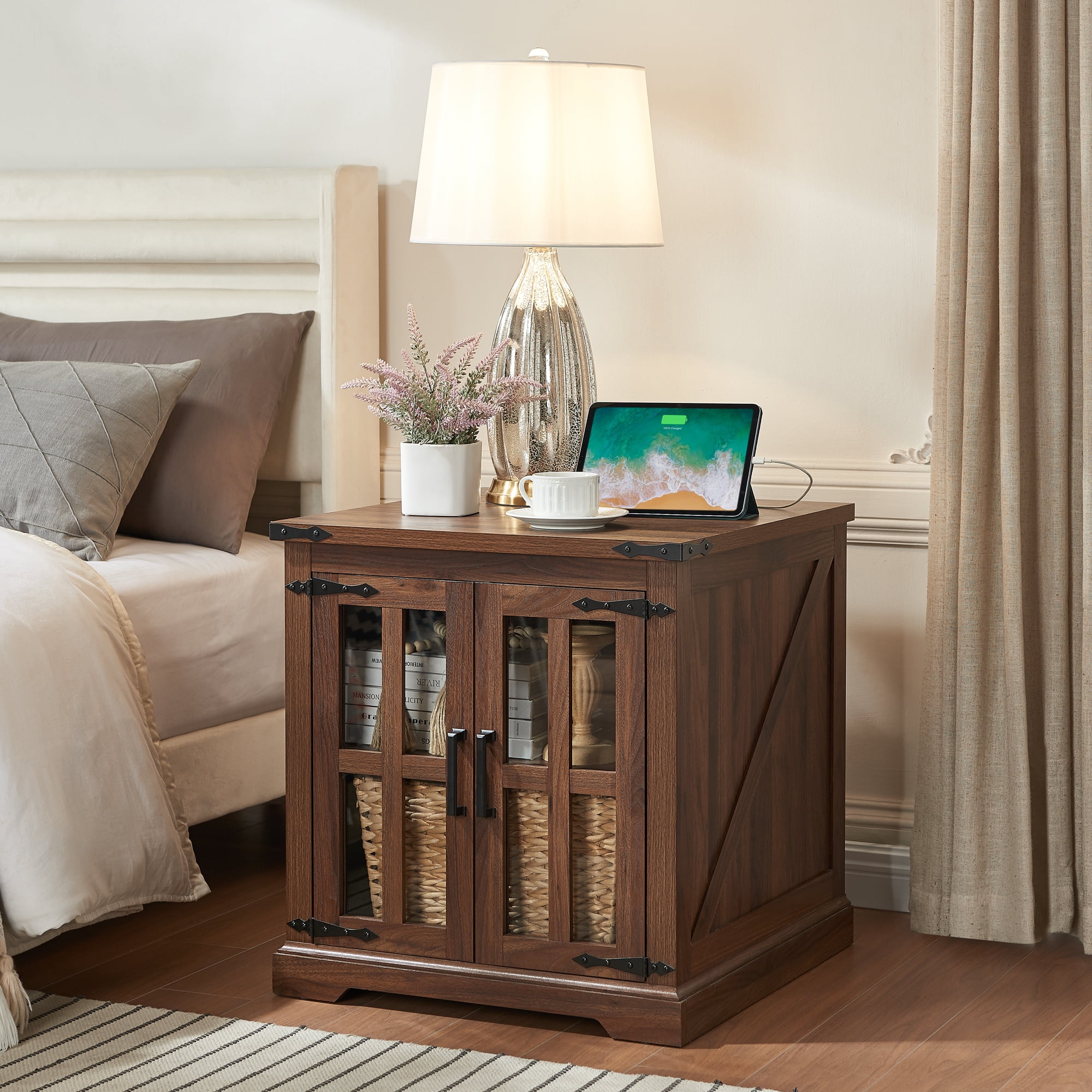 RUSTOWN Farmhouse Nightstand with Adjustable Shelf, Walnut