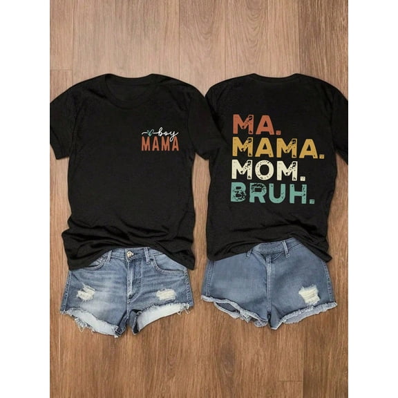 Boy Mama Shirt for Women, Funny Mom Life Graphic Tee, Casual Short Sleeve Crew Neck T-Shirt with MA MAMA MOM BRUH Back Print