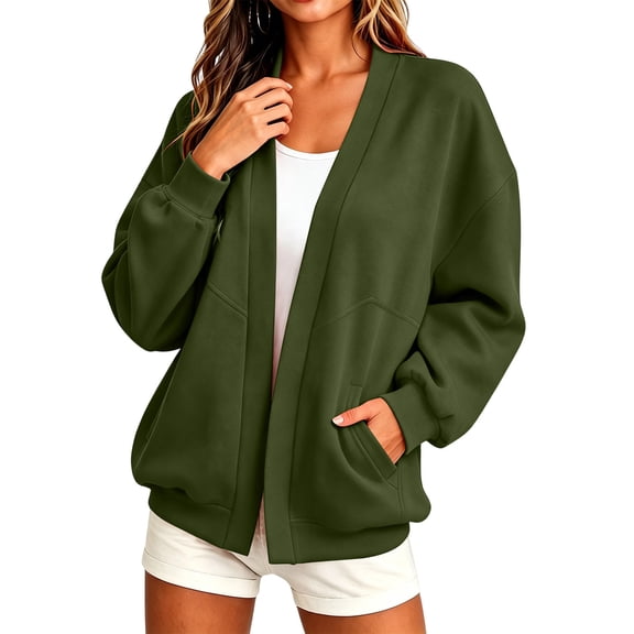 XPMWRP Women's Oversized Open Front Fleece Cardigan, V-Neck Long Sleeve Coat with Pockets, Casual Lounge Outerwear Green L