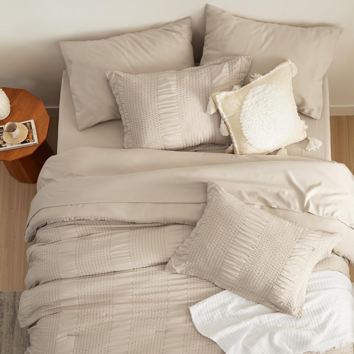 Cozy Comfort Bed in a Bag Queen - Queen Comforter Set 7 Piece Stripes Seersucker Bedding Set, Soft Lightweight Down Alternative Comforter Queen Bed Set(Khaki,Queen 90 x 90 inch)