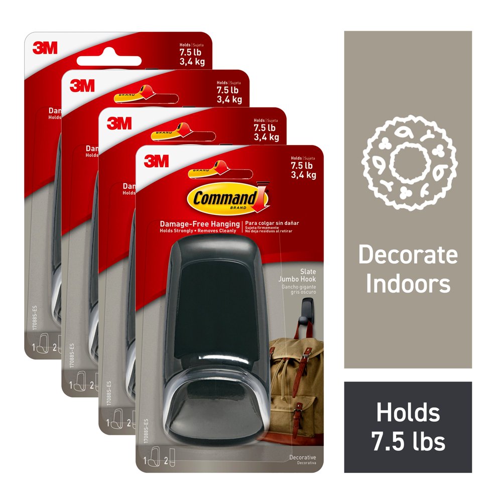 Command Jumbo Hook, Slate, 4 Hooks, 8 Strips