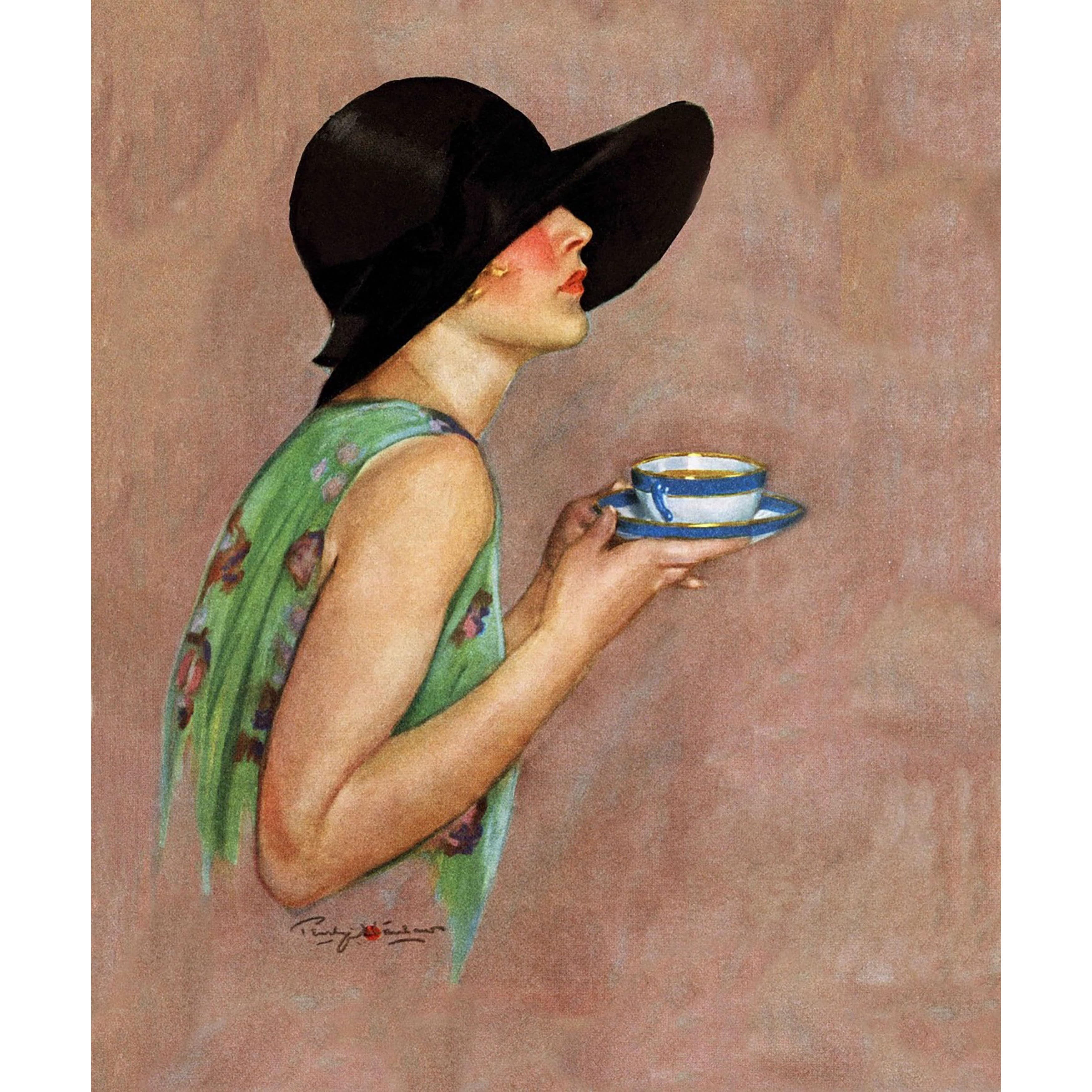 "Lady in Wide Brim Hat Holding Tea Cup" Painting Print on Canvas