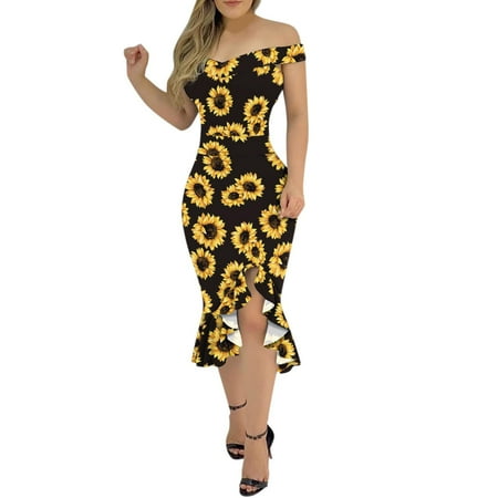 

Juebong Women Off Shoulder Dress With Irregular Ruffled Hem Pattern Mid Length Dress Cold Shoulder One Piece High Waist Dress Long Beach Vacation Dresses