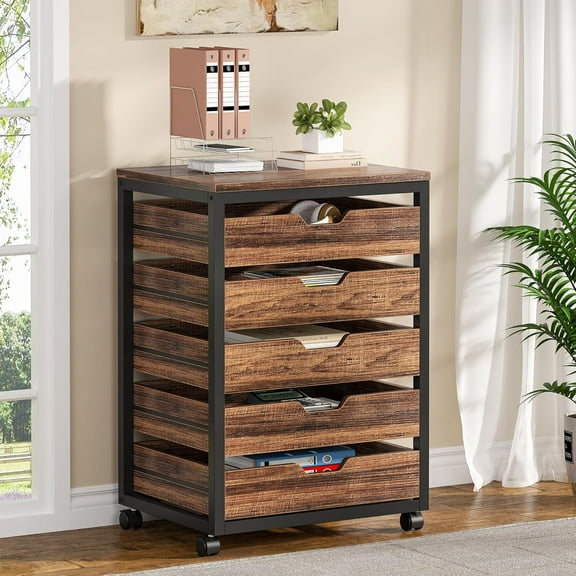Tribesigns Industrial 5-Drawer File Cabinet, Wooden Mobile Lateral Filing Cabinet with Storage Drawers and Wheels for Home Office, Rustic Walnut