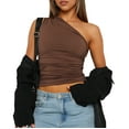 thumbnail image 2 of Women 2025 Summer Y2K Tops Sleeveless One Shoulder Slim Fit Shirts Ruched Knit Asymmetrical Top Blouse Brown XS, 2 of 10