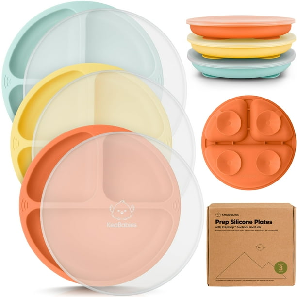 Platos Toddler de Silicona con Ventosa y Tapa KeaBabies, Paquete de 3
