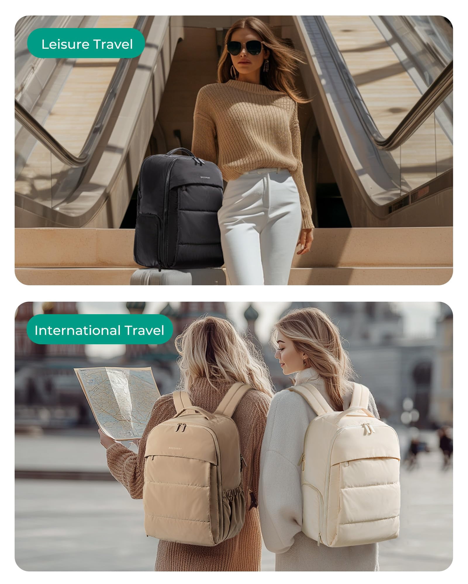 BAGSMART 30L Travel Backpack for Women, Carry on Backpack for Airplanes, Gym Backpack with Shoe Compartment, Lightweight Travel Bag Fits 15.6 Inch, Water-Resistant, Camel