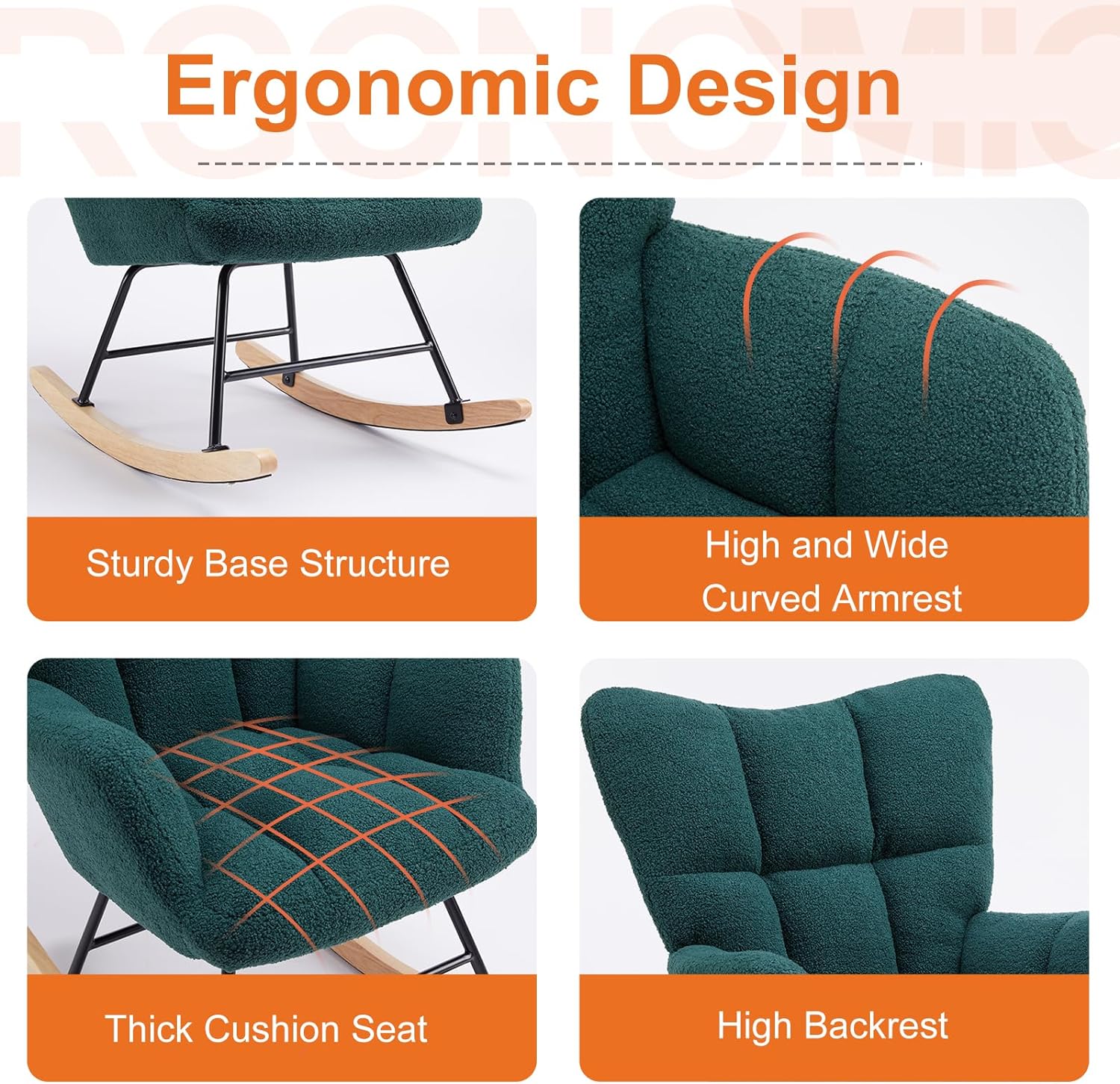 Rocking Chair, Indoors Glider Accent Armchair with High Backrest for Nursery, Bedroom, Teddy Fabric with Solid Wood Legs, Green