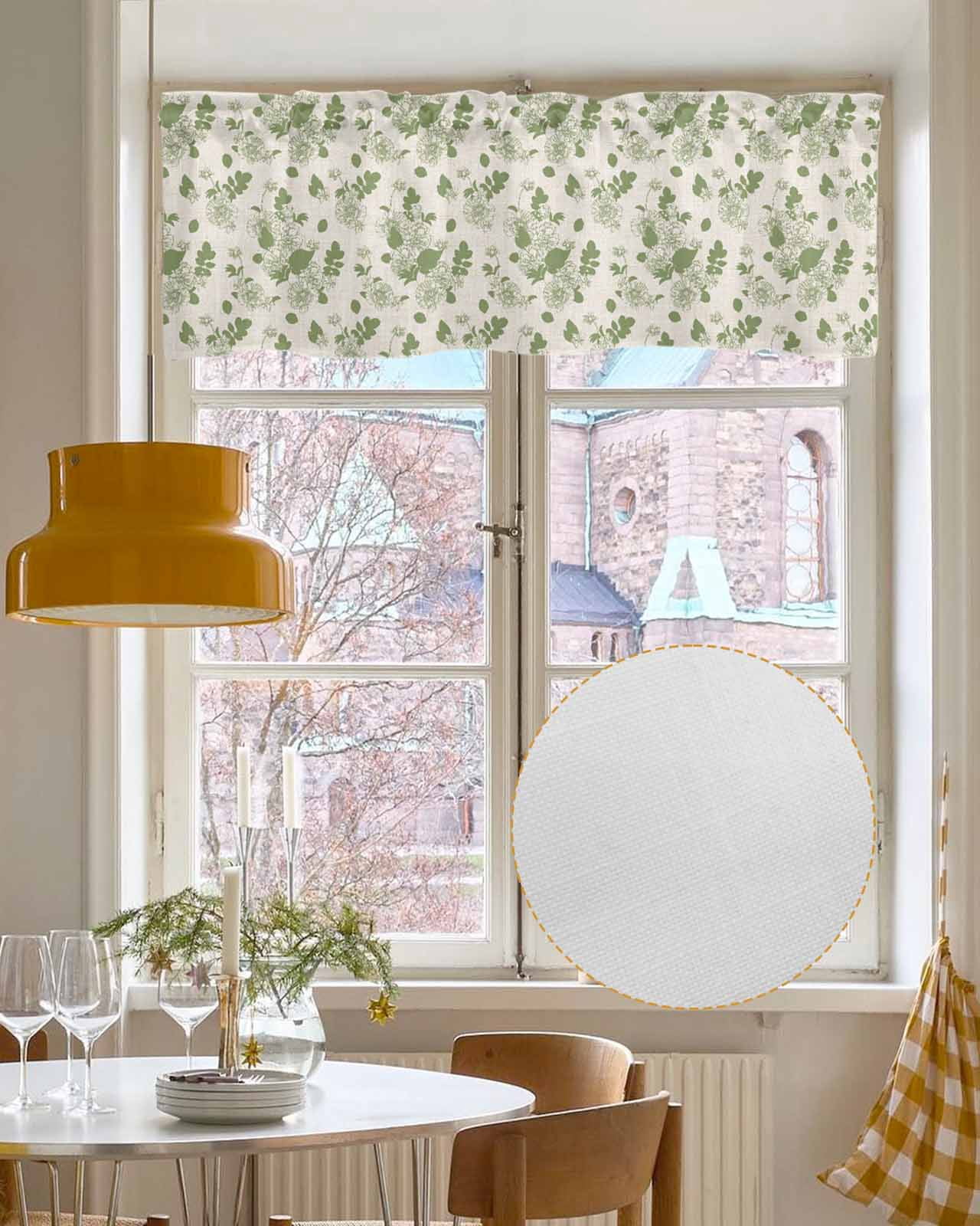 Rustic Sage Leaves Linen Curtain Valance for Bedroom/Bathroom/Kitchen/Office/Living/Dining Room Windows,Spring Botanical Green Flower Beige Pocket Topper Drapes Decorative Cafe Drapery Panel 54x18