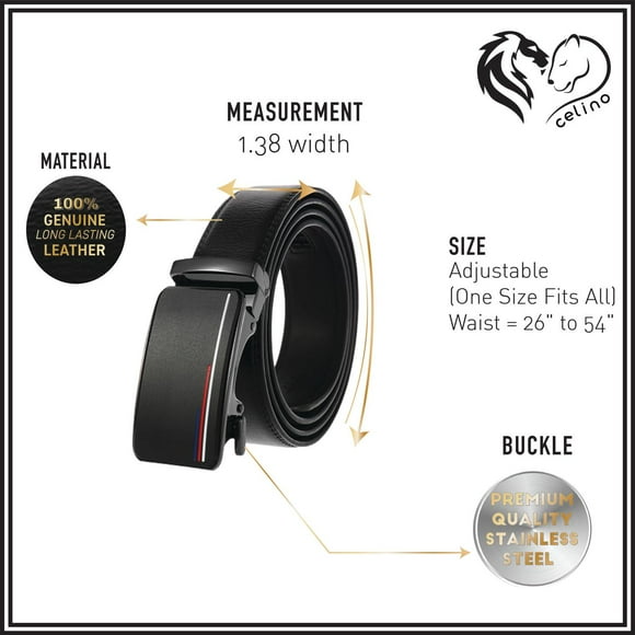 Celino Black Buckle & Black Belt Adjustable Ratchet Slide Buckle 100% Genuine Leather Belt for Men, One Size Fits All, Made in Europe