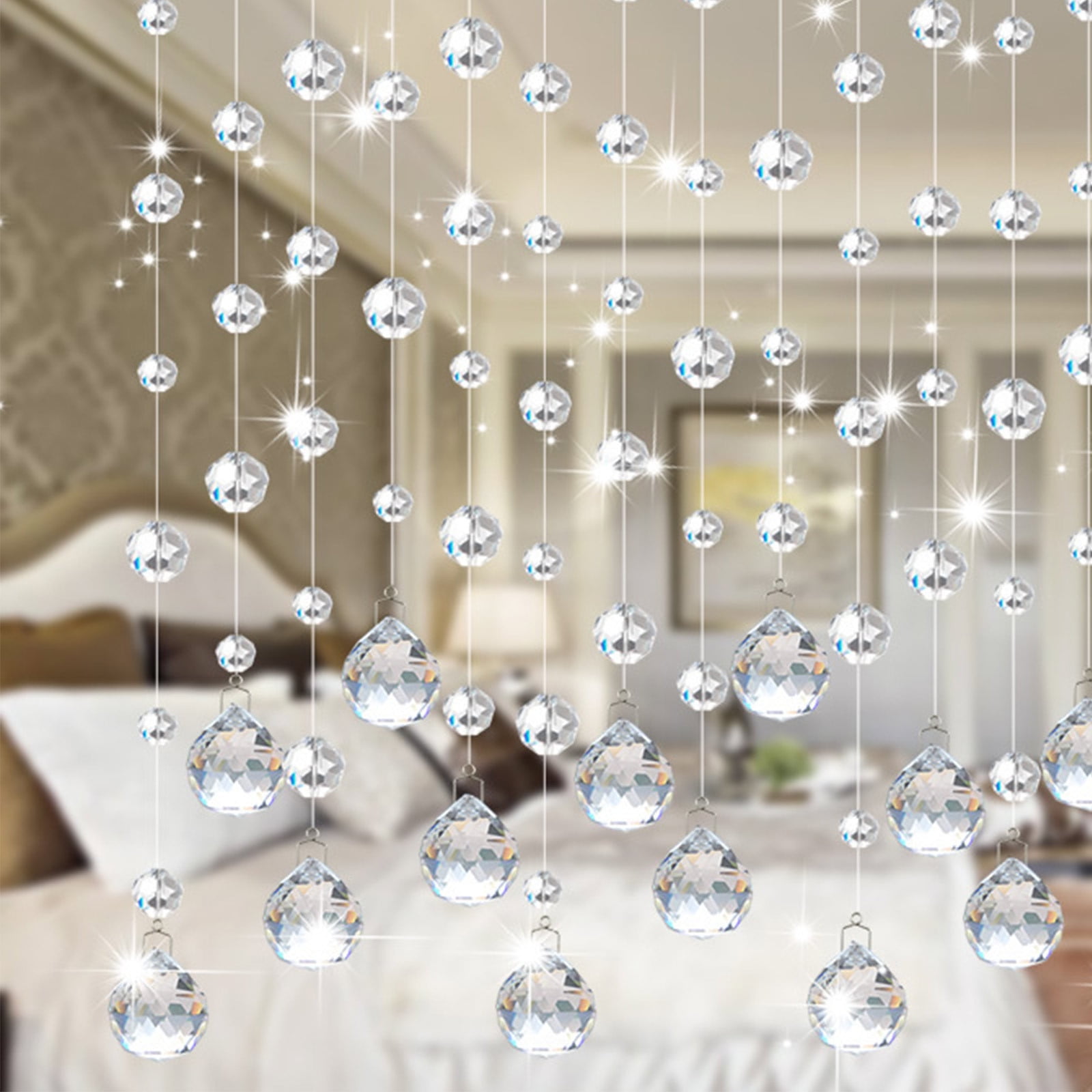 10 Pcs Crystal Glass Bead Curtain, Luxury Hanging Beaded Door Curtain, Transparent Room Divider, Elegant Wall Decor for Doorway, Window, Bedroom, Wedding
