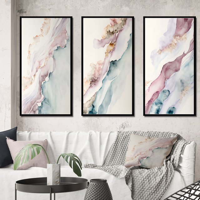 Designart "Enigmatic Waves in Blushing Elevation I" Abstract Liquid Ink Framed Wall Art Set Of 3 - Blue Modern Frame Gallery Wall Set For Home Decor