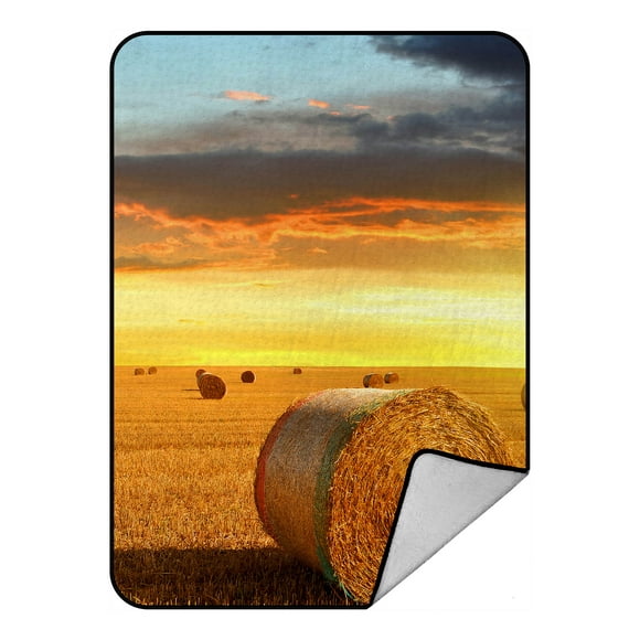 YUSDECOR Sunset Farmland Scenery Autumn Straw Bales Blanket Crystal Velvet Front and Lambswool Sherpa Fleece Back Throw Blanket 58x80inches