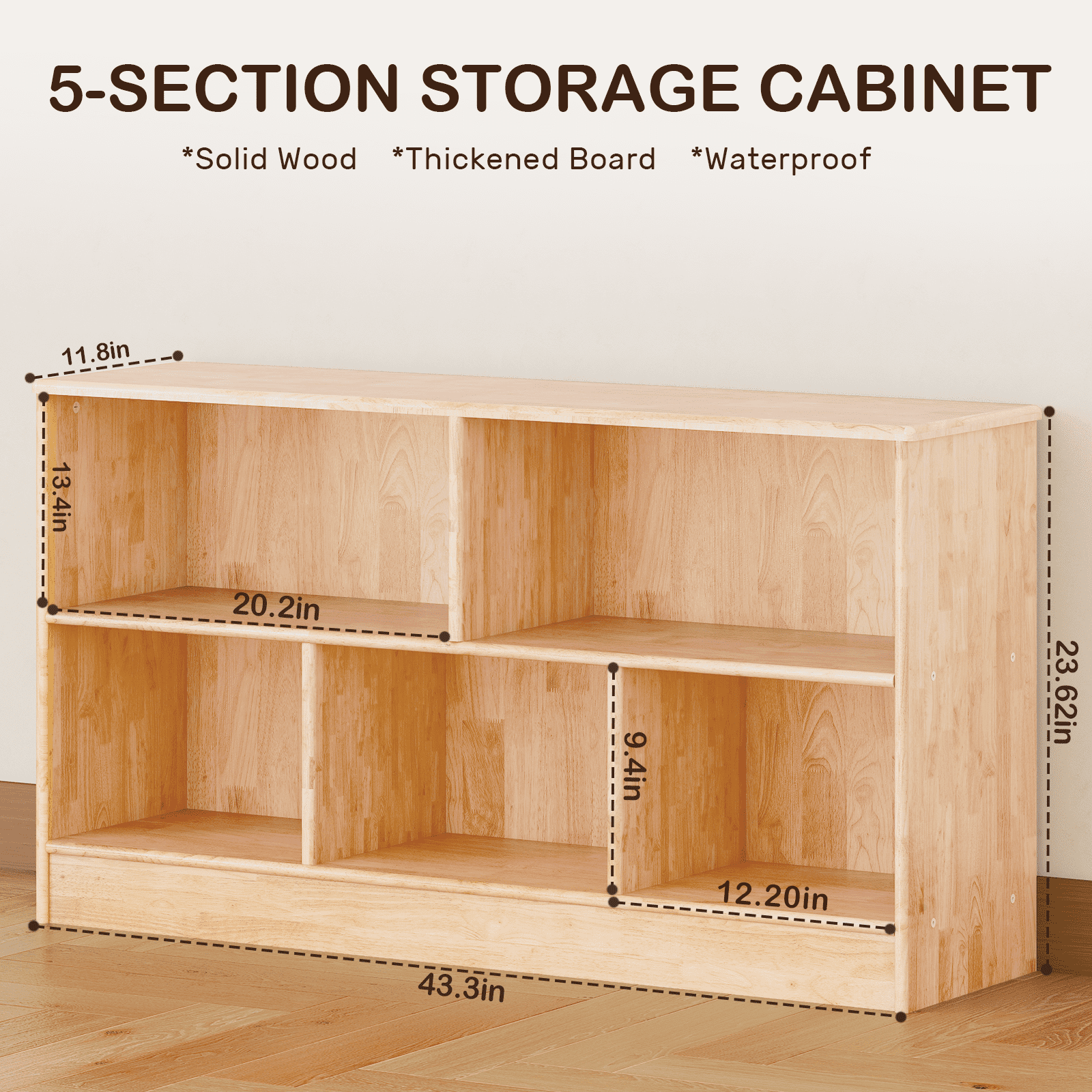 Kids Bookshelf and Toy Storage Rubber Wood 5 Cube Storage Organizer, 35.4" L Montessori Book Shelf For Kids Rooms Classroom Nursery Daycare