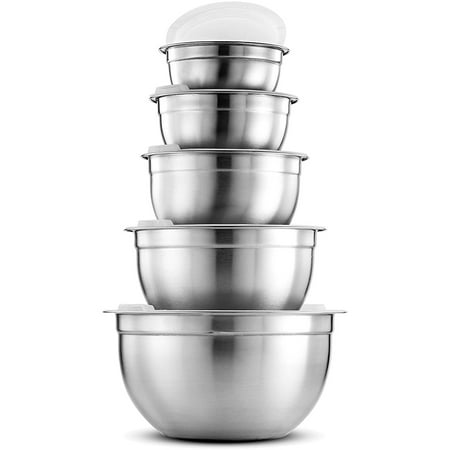 Premium Various Sizes Stainless Steel Mixing Bowl (5 Piece) With Airtight Lids, Flat Base For Stability & Easy Grip Whisking, Mixing, Beating, Bowls Nesting & Stackable for Convenient