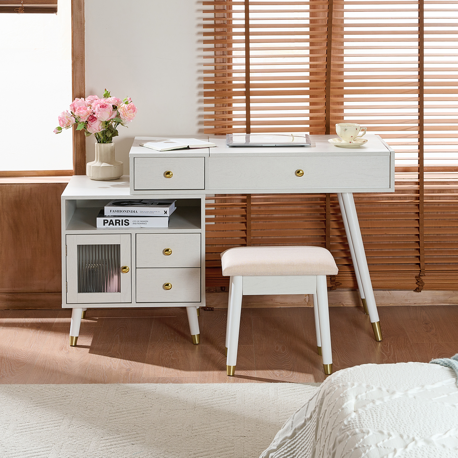 Euroco 3-in-1 Vanity Desk with Lighted Flip-Top Mirror & Adjustable Cabinet, Makeup Dressing Table with Stool, Dresser with Drawers for Bedroom, White
