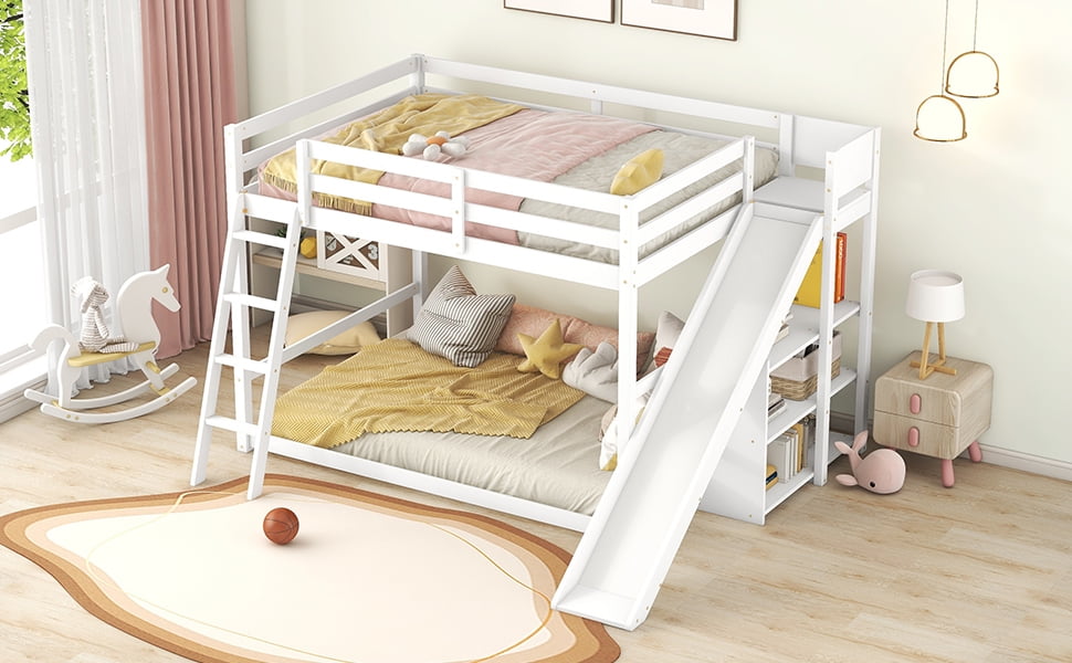Euroco Wood Full over Full Bunk Bed with Slide and Ladder, 3-Tier Shelf for Kids Teens Bedroom, White