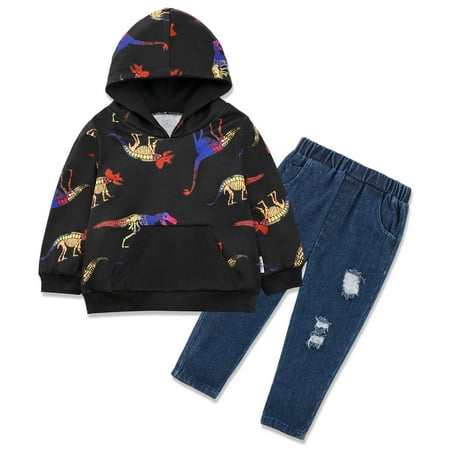 

Clearance 0-4T Toddler Baby Boy Dinosaur Outfits Hoodie Packet Top + Ripped Denim Pants Set Spring Clothes