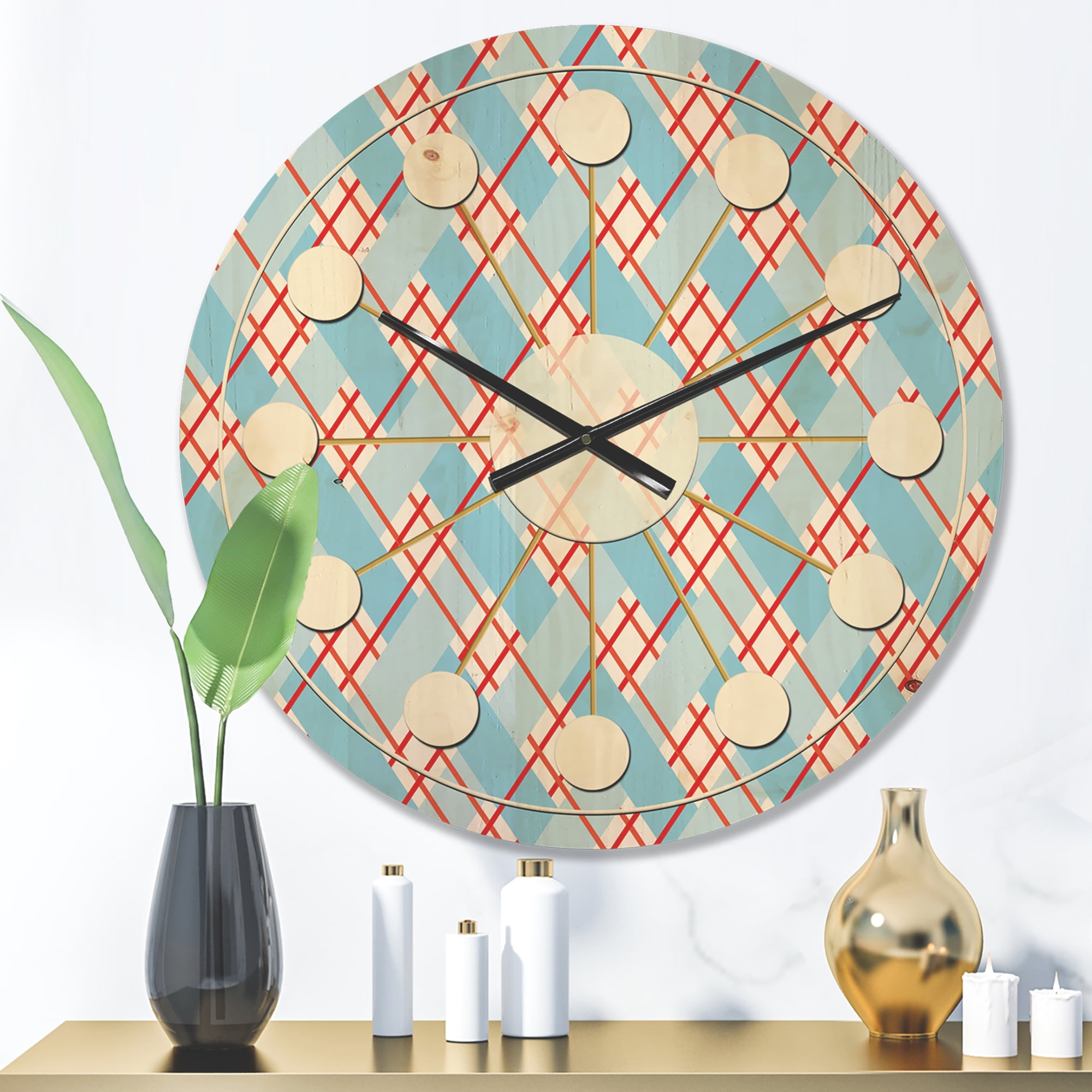 Designart 'Red and Blue Plaid' Mid-Century Modern Wood Wall Clock