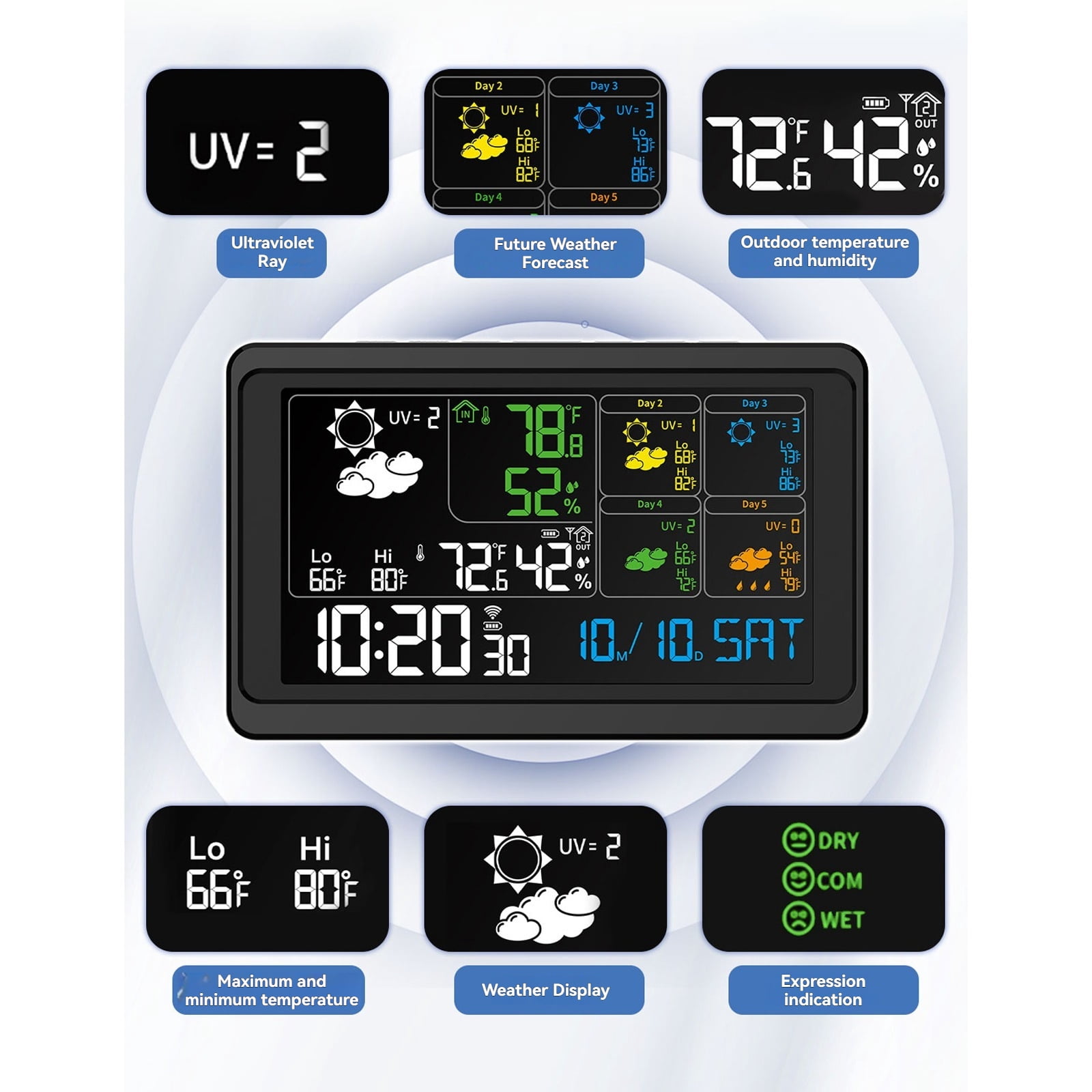 Color Screen WiFi Weather Station Clock - Indoor/Outdoor Thermometer Hygrometer Barometer with 5-Day Forecast | Supports 3 Sensors, 1 Included, USB Charging & Wake-Up Alerts