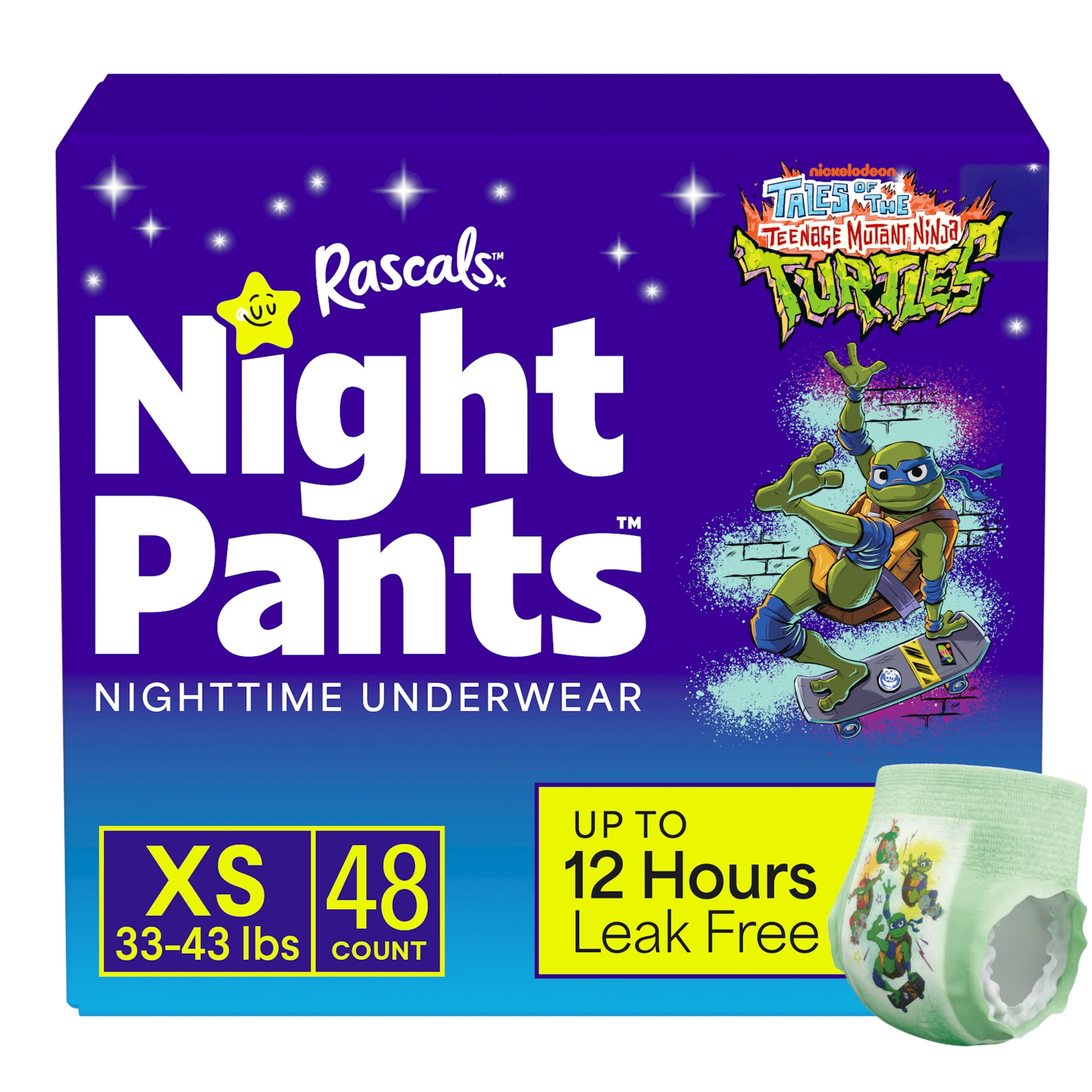Rascals Night Pants Teenage Mutant Ninja Turtles Absorbent Boys Bedwetting Underwear, XS (33-43 lbs) , 48 Count