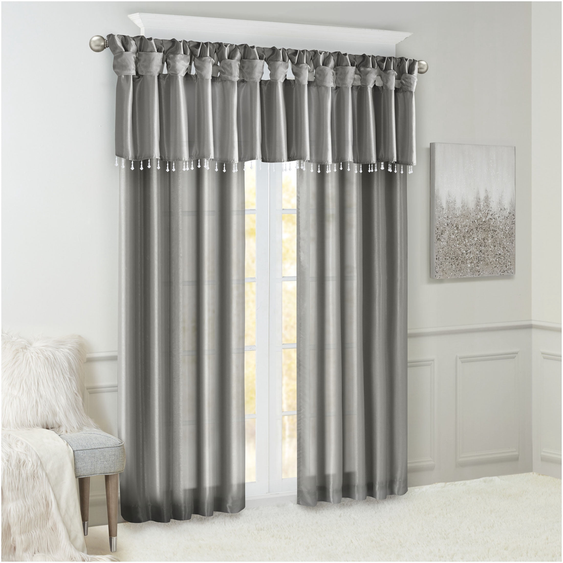 JERFIT 50x26 Inch Charcoal Blackout Window Valance, Faux Silk Curtain Valance with Beaded Trim, Lined Room Darkening Valances for Bedroom Living Room