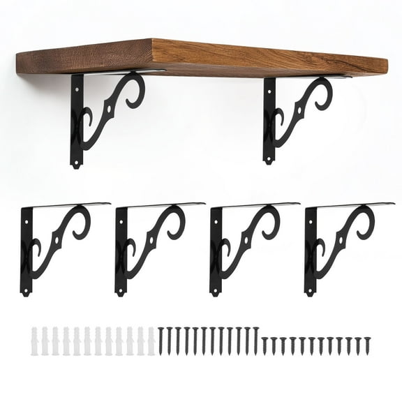 Uxcell 6 Pcs Decorative Shelf Brackets, 10" x 7" Heavy Duty Floating Shelf Brackets for Wall Bookshelves Shelves Support, Black