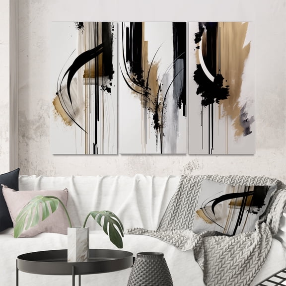 Designart "Expression in Black, White, and Gold I" Abstract Wall Art Set Of 3 - Modern Black Gallery Wall Set For Home Decor